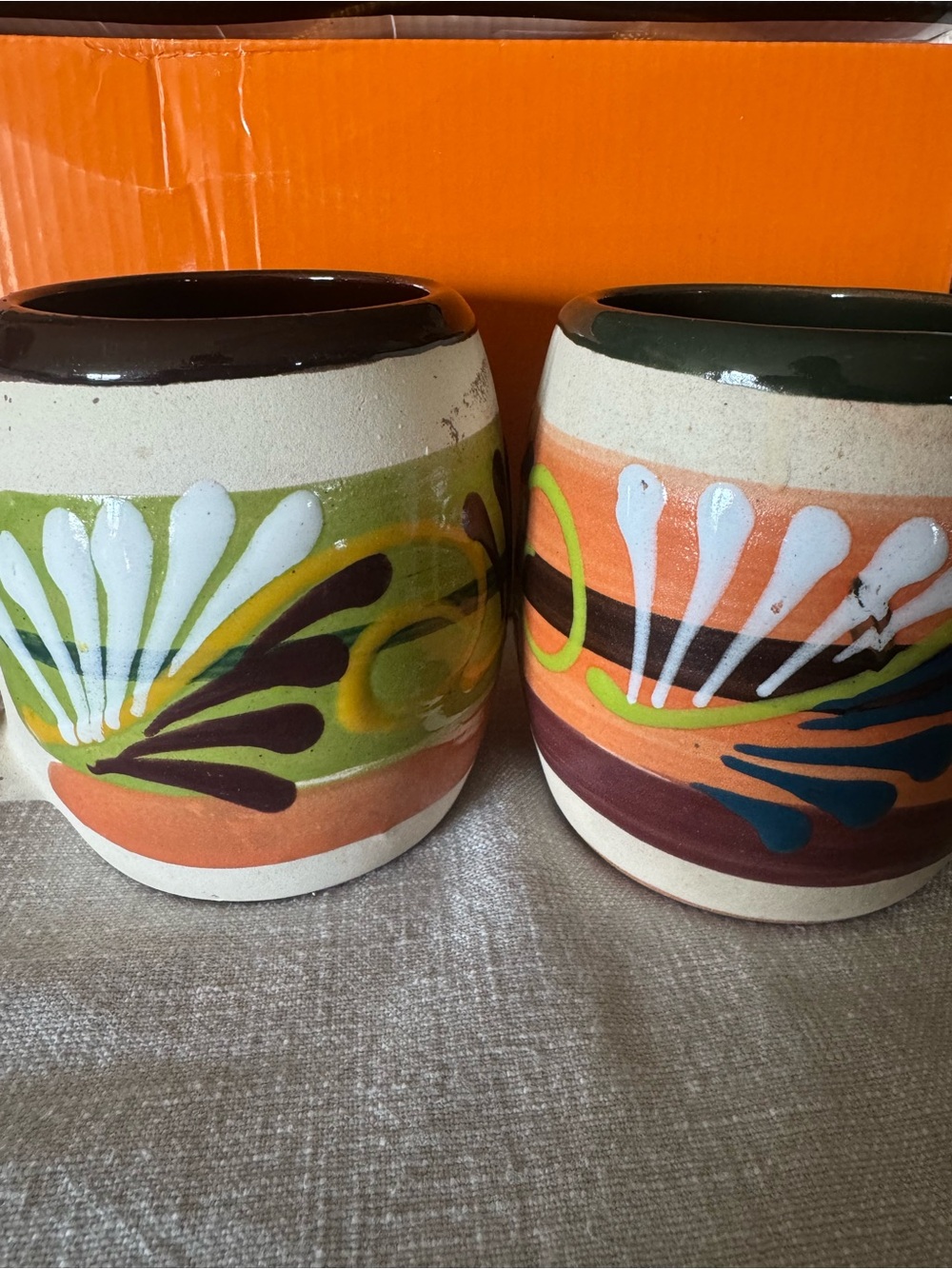 Set of 2 Hand-Painted Ceramic Floral Mug - Brown, Green, White